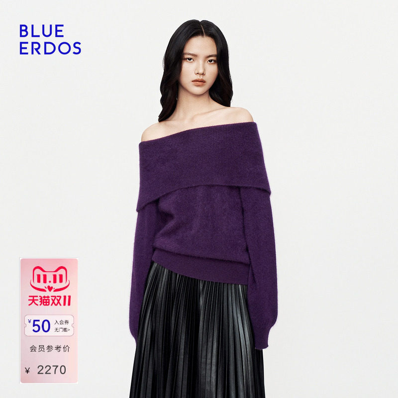 BLUE ERDOS26秋冬新品简约时尚慵懒羊毛羊绒混纺一字领宽松上衣女