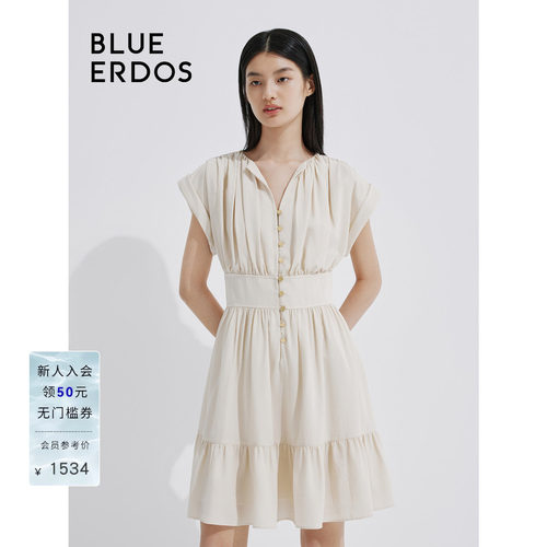 blueerdos褶皱短袖V领连衣裙