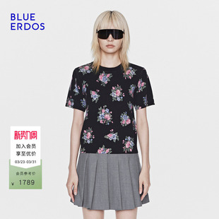 复古印花圆领针织半袖 ERDOS26早春新品 BLUE 套衫 100%山羊绒