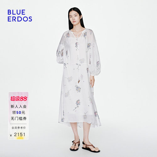 BLUE ERDOS2026夏季新品松弛感白底欧花廓形轻盈A字连衣裙两件套