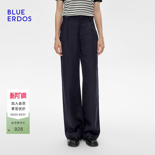 B255M1017 简约通勤松紧腰亚麻混纺直筒裤 BLUE ERDOS春季