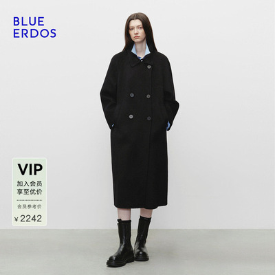 BLUE ERDOS春季复古百搭羊毛羊绒立领学院风双排扣毛呢大衣