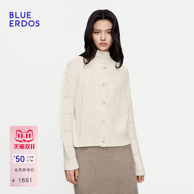 BLUE ERDOS2026秋季新品圆领上衣通勤设计感山羊绒混纺针织开衫女