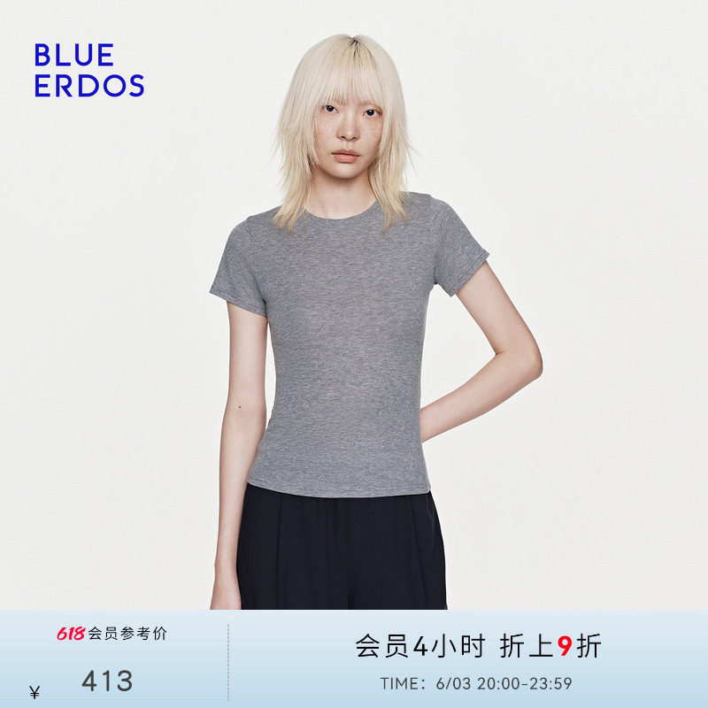 BLUE ERDOS26早春新品简约舒适绵羊毛混纺修身通勤百搭圆领短袖女