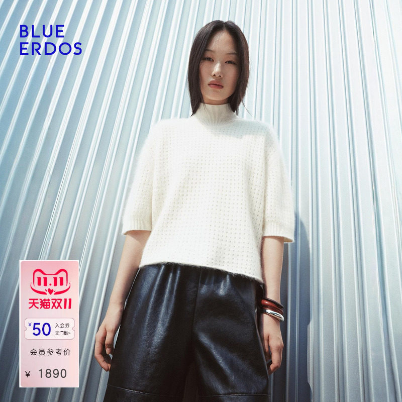 BLUE ERDOS2026秋冬新品高领半袖上衣日常通勤山羊绒混纺挑孔套衫