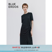 ERDOS24夏季 新款 纯色圆领中长款 不对称短袖 连衣裙B245D7027 BLUE