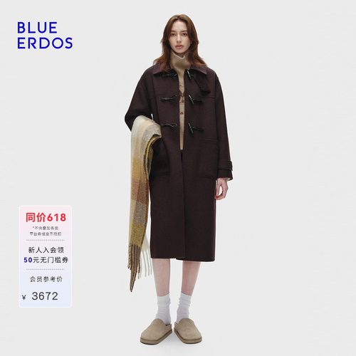 BLUE ERDOS春季新品休闲学院风羊毛混纺翻领牛角扣长款女大衣