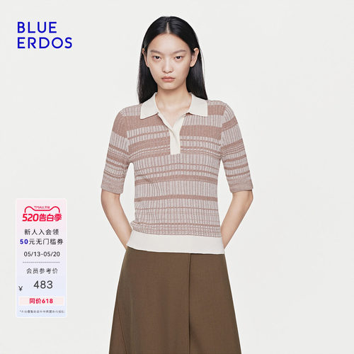 【100%棉】BLUE ERDOS26早春新品休闲百搭撞色小翻领半袖针织衫女
