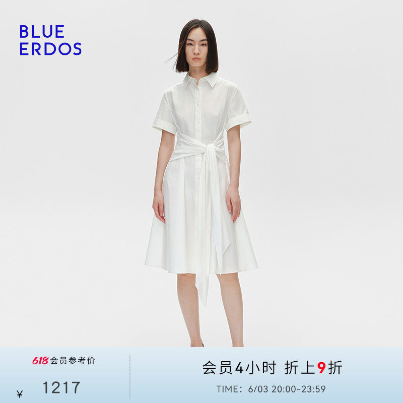 BLUE ERDOS夏季纯棉短袖POLO领飘带设计A字连衣裙B255I3012