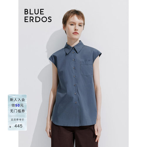 BLUE ERDOS 新款通勤纯色翻领无袖纯棉衬衫女上衣B245HB033