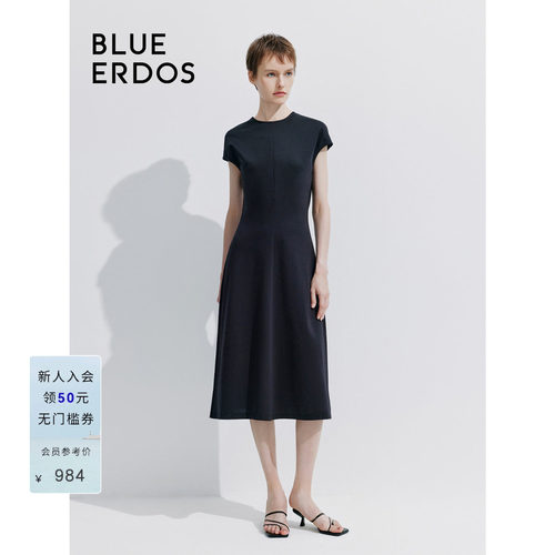 BLUE ERDOS 新款简约圆领纯色中长款短袖连衣裙B245D7029