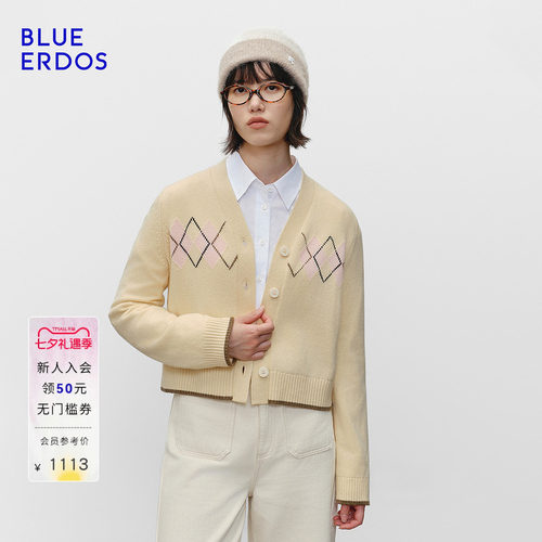 BLUE ERDOS 秋季高智复古学院风V领菱形刺绣女开衫B256A1710