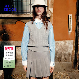 ERDOS26早春新品 BLUE 学院风灰色休闲百褶短裙半裙 100%绵羊毛