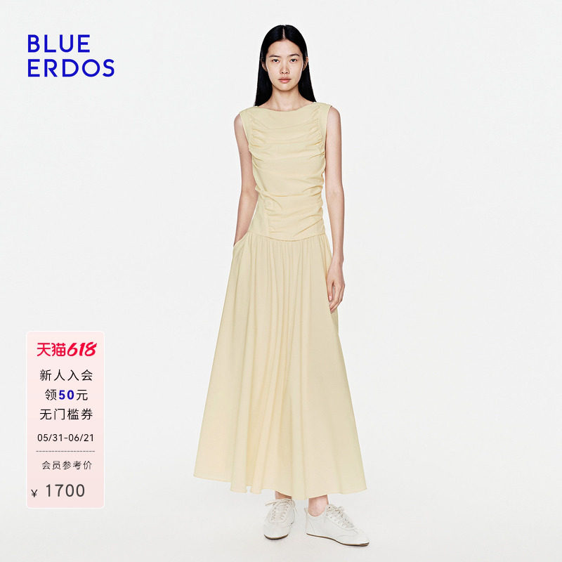 BLUE ERDOS2026夏季新品优雅知性抽褶修身度假风长款舒适连衣裙
