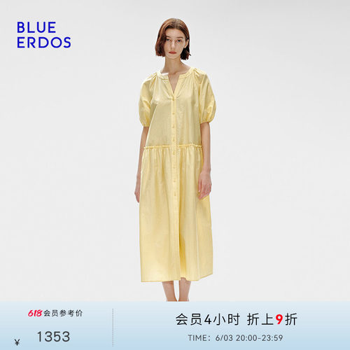 BLUE ERDOS夏季宽松欧若风V领泡泡袖中长款连衣裙B255I2006