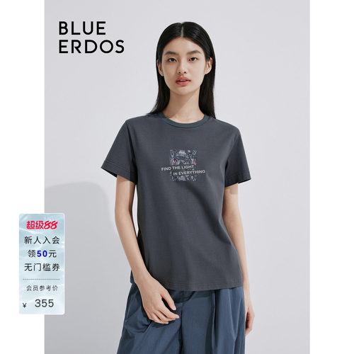 BLUE ERDOS 新款圆领纯色印花直筒短袖T恤女上衣B245H1031