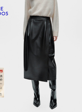 BLUE ERDOS冬季新品简约通勤黑色花苞式皮半身裙B256L5002