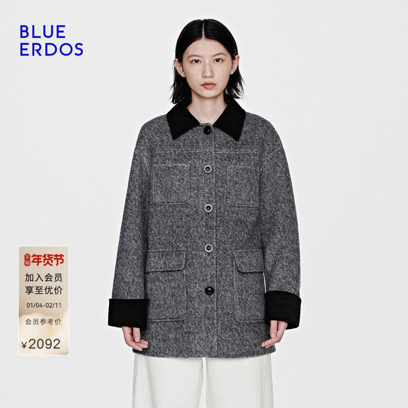 BLUE ERDOS 冬季新品复古翻领撞色中长款毛呢大衣外套女,女装/女士精品,毛呢外套,淘宝优惠券,粉丝福利购,淘宝优惠卷