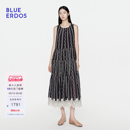 BLUE ERDOS2026夏季新品慵懒松弛藏青色无袖显瘦蕾丝花边连衣裙