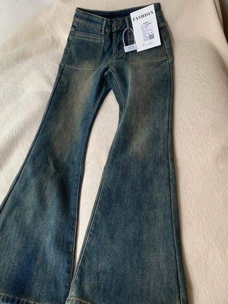 가을 겨울 뚱뚱한 MM 여성을 위한 300파운드 대형 미국 복고풍 부츠컷 청바지 플러스 벨벳 하이 웨이스트 슬림 바닥 길이 걸레 바지 2