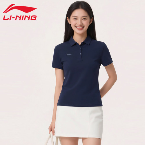 李宁polo衫女夏季新款翻领正肩显瘦吸汗透气百搭学生短袖半袖上衣