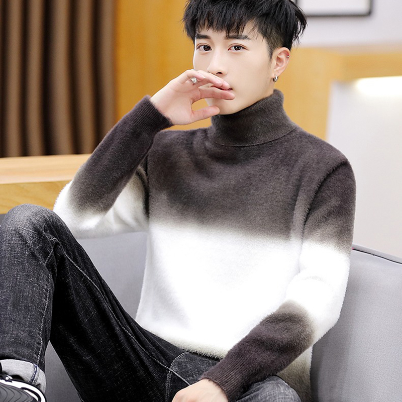 男士高领毛衣韩版修身水貂绒渐变