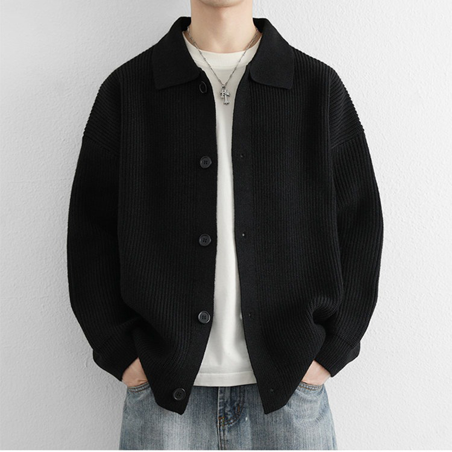 黑色休闲开衫外套男厚款针织毛衣