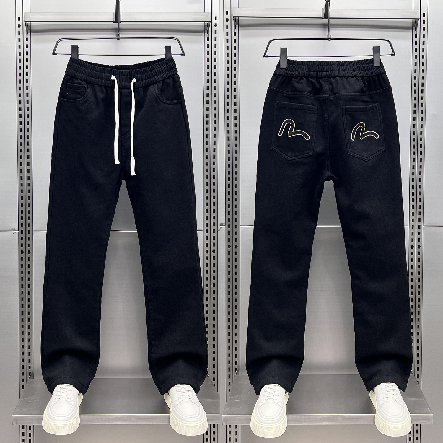 冬季显高加绒厚牛仔裤男微喇长裤