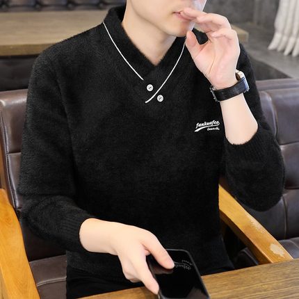仿水貂绒假两件毛衣男冬季加绒加厚保暖绒毛衫潮牌V领个性打底衫