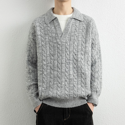 灰色假两件毛衣男V领内搭针织衫
