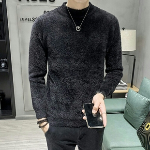 潮流加绒毛线衣 秋冬时尚 冬季 半高领毛衣男水貂绒毛加厚保暖针织衫