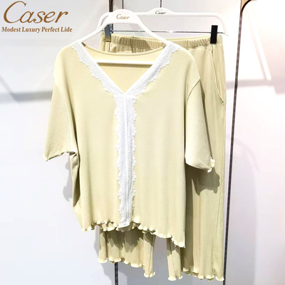 caser凯撒夏季女罗纹V领蕾丝短袖七分裤家居服套装睡衣BP01-6885