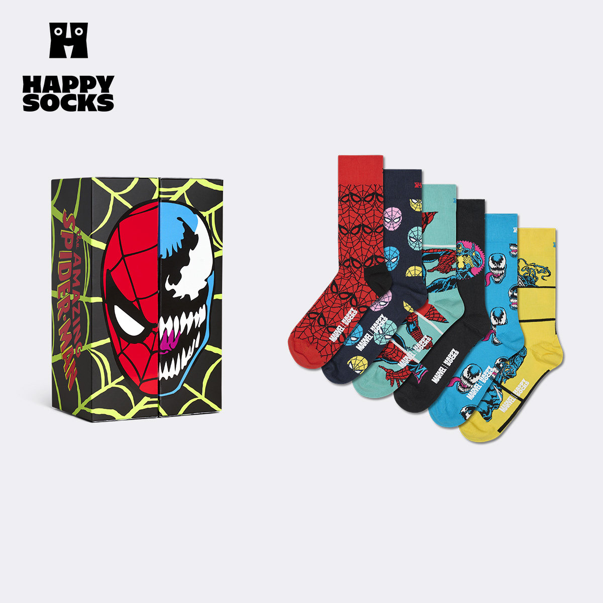 【春夏款】Happy Socks漫威联名蜘蛛侠毒液袜子6双装礼盒中筒袜