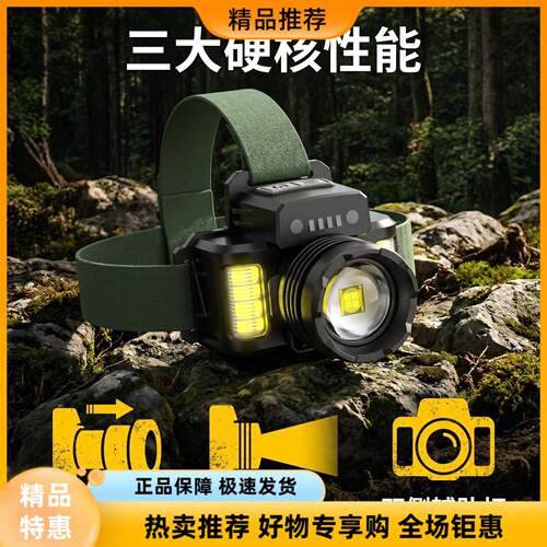 新款户外小型露营头灯可充电LED长续航强光超亮可调光式照明灯