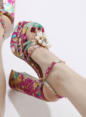 High heeled waterproof platform women's satin sandals女凉鞋