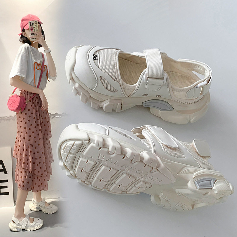 厚底魔术贴包头运动凉鞋女休闲浅口小白凉鞋