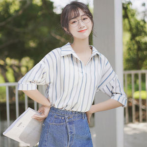 拼色竖条纹短袖雪纺衬衫