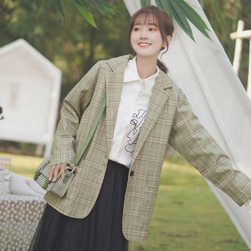 帛卡琪小西装格子外套女2021新款春秋韩版学生短款上衣小个子西服