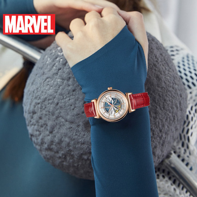 MARVEL漫威自动机械手表 惊奇队长镂空背透皮带潮流女士腕表2288