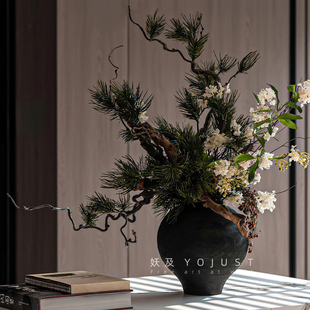 售楼处样板间会所中式 妖及 新中式 碳化木花器花艺组合 摆件 软装