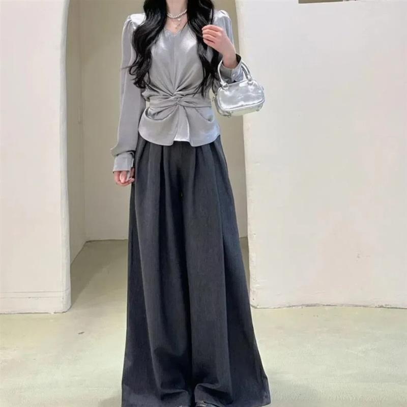 春秋新款韩版长袖上衣阔腿裤子中长款甜美辣妹休闲百搭潮两件套装