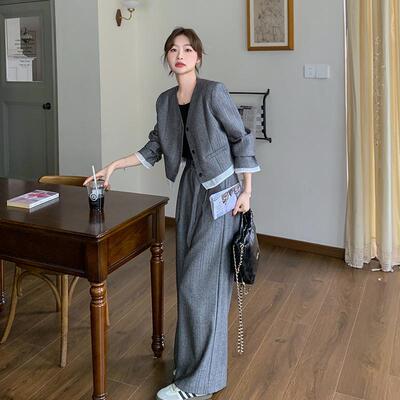 实拍灰色又a又飒西装套装女春季2025新款御姐高级感阔腿裤两件套