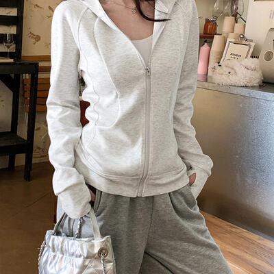 灰色连帽卫衣女春秋2025新款韩版修身开衫长袖外套慵懒风早秋上衣