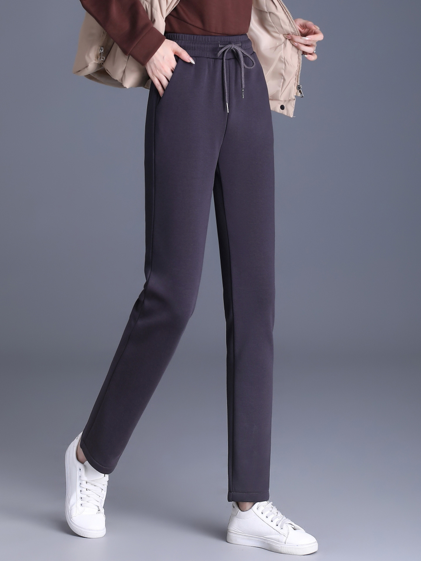 ROUMIKL时尚直筒加绒裤女士秋冬高腰显瘦运动休闲裤修身弹力保暖