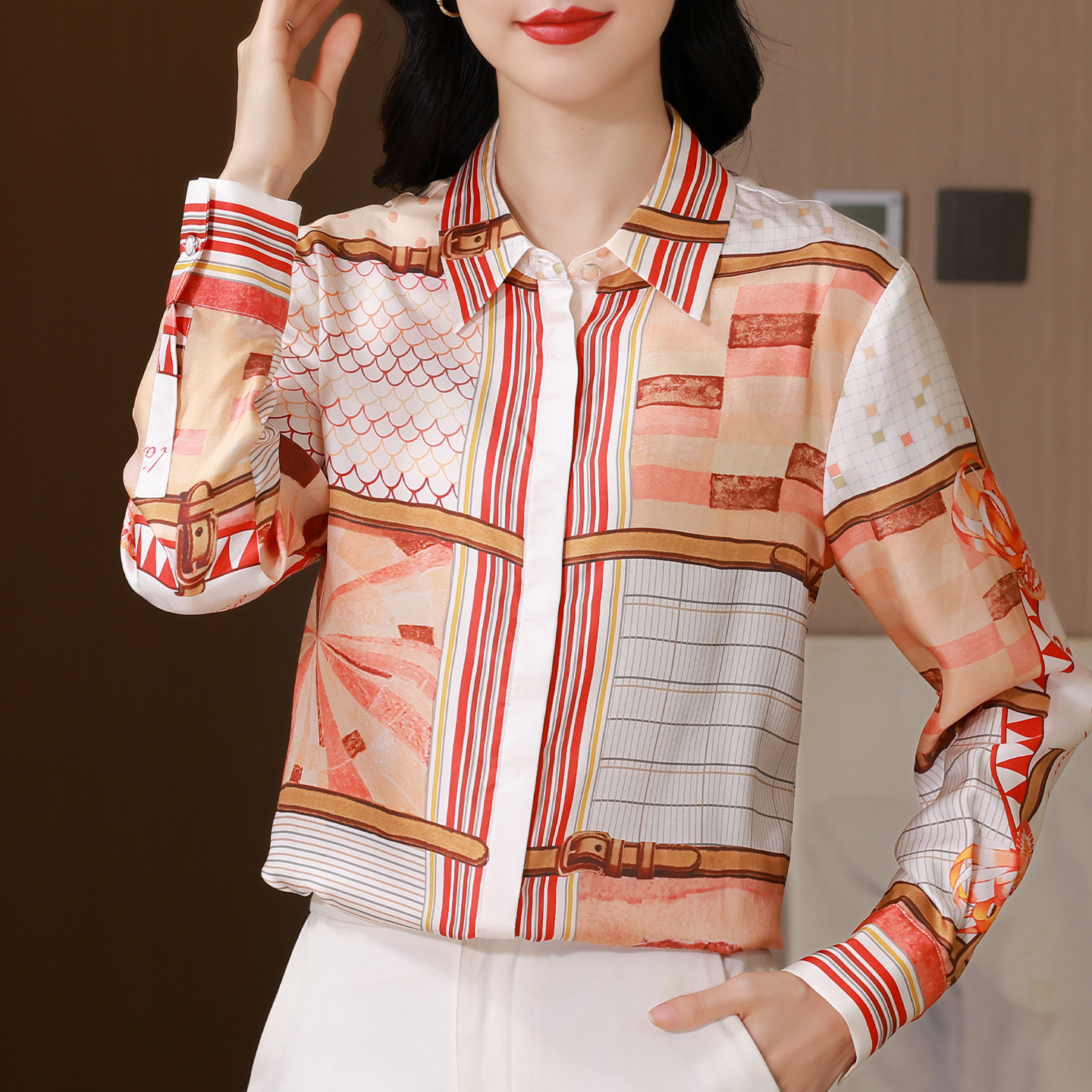 ROUMIKL设计感小众时尚印花长袖衬衫女春秋休闲气质衬衣独特别致