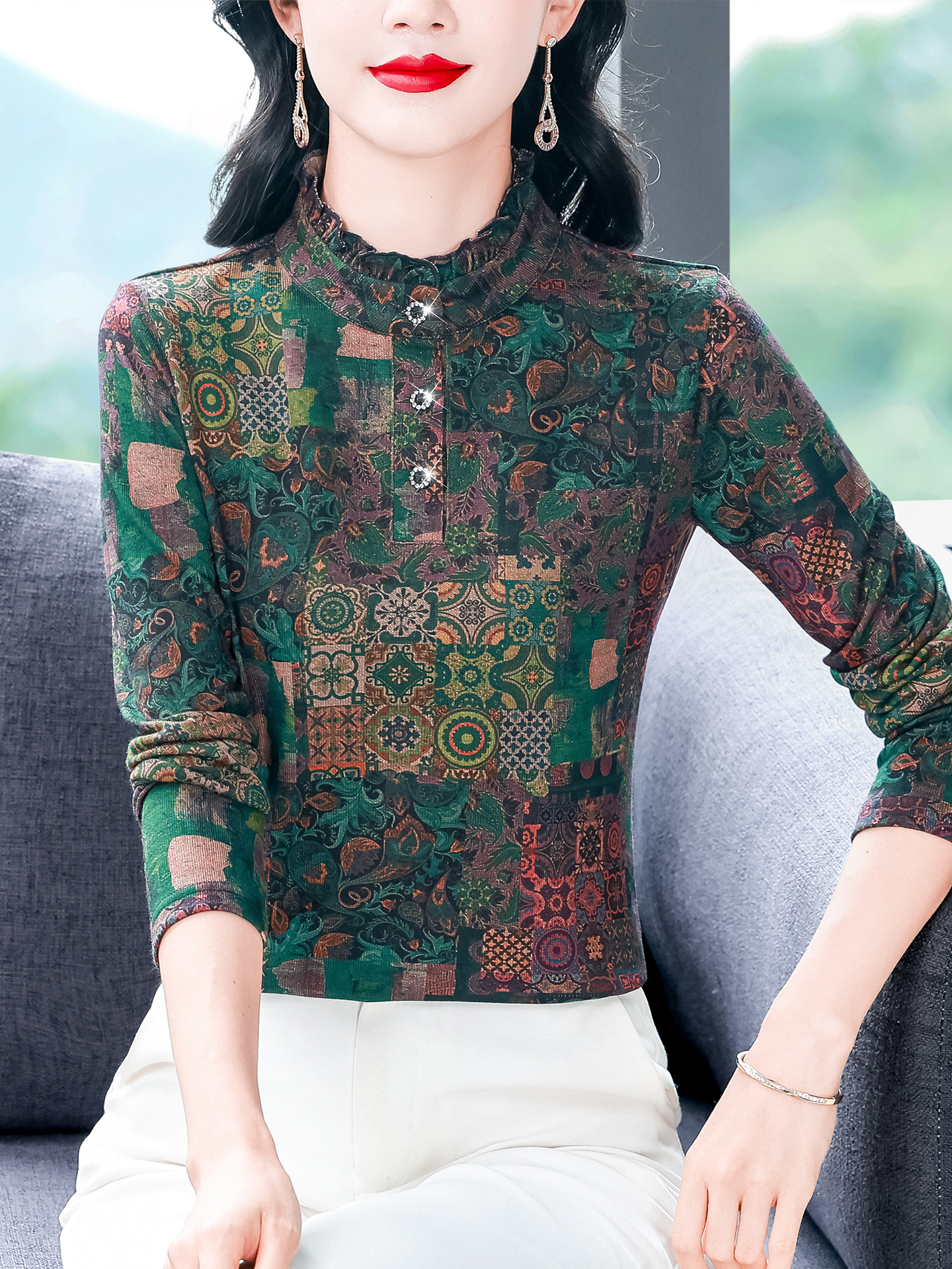 ROUMIKL中年妈妈时尚印花长袖T恤女秋冬气质立领内搭打底衫百搭洋