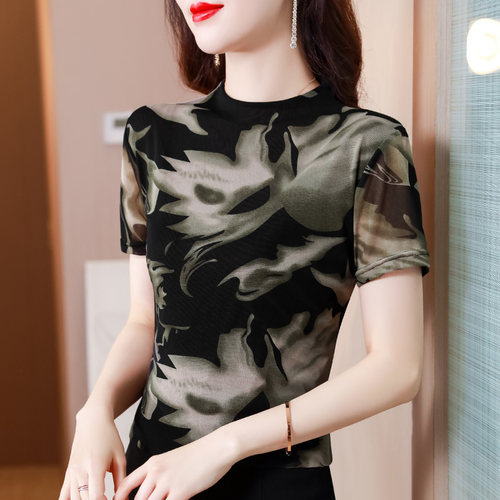 潮流时尚短袖半高领打底衫女装弹网纱T恤修身洋气印花女百搭0525b