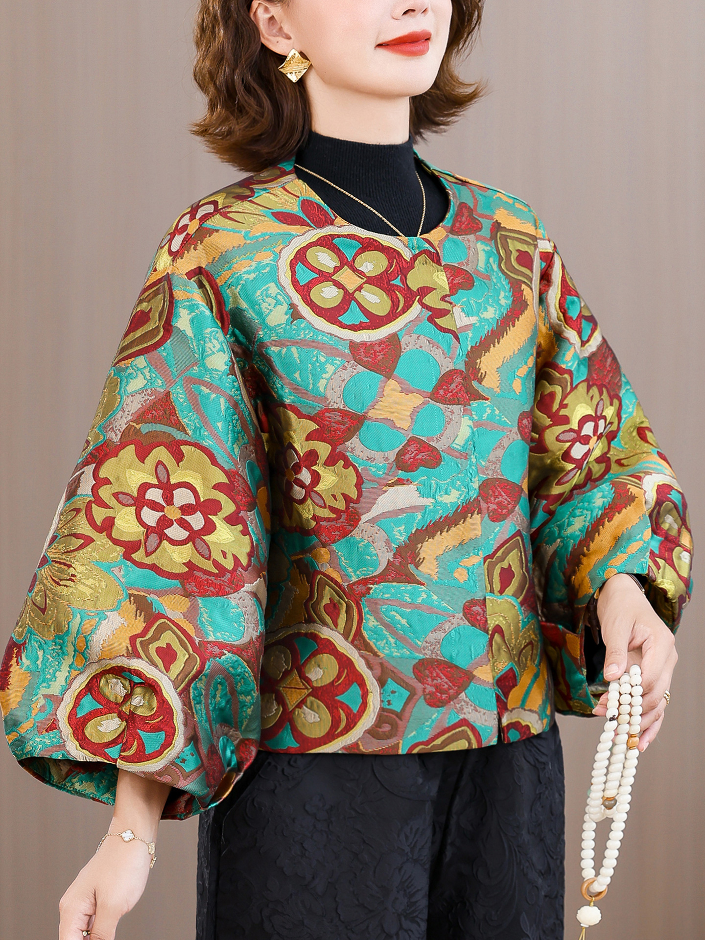 ROUMIKL新中式提花宽松短外套女士秋冬夹加厚保暖高贵洋气妈妈国