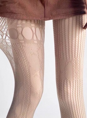 蕾丝渔网丝袜灰色y2k美式镂空ab款女春秋薄款黑丝性感显瘦连裤袜