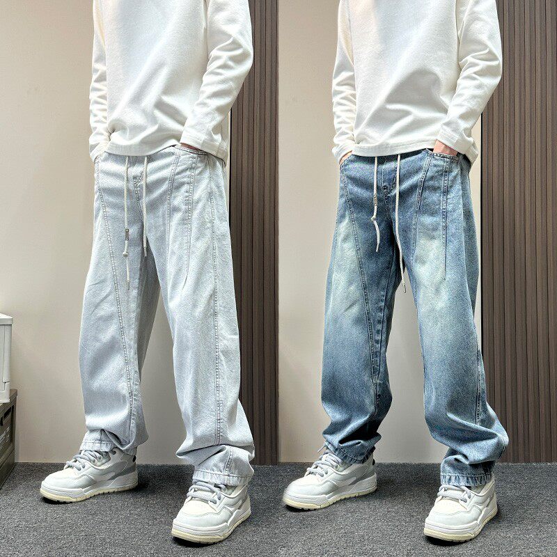 2026春秋新款松紧腰蓝色水洗牛仔裤男款宽松直筒裤痞帅阔腿休闲裤